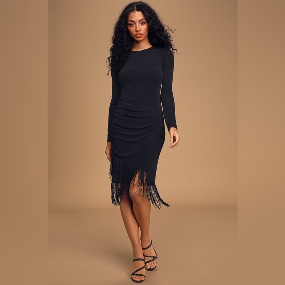 Lulus Dresses & Skirts - NWT Lulus Out For the Evening Black Fringe Long Sleeve Bodycon Dress size Small